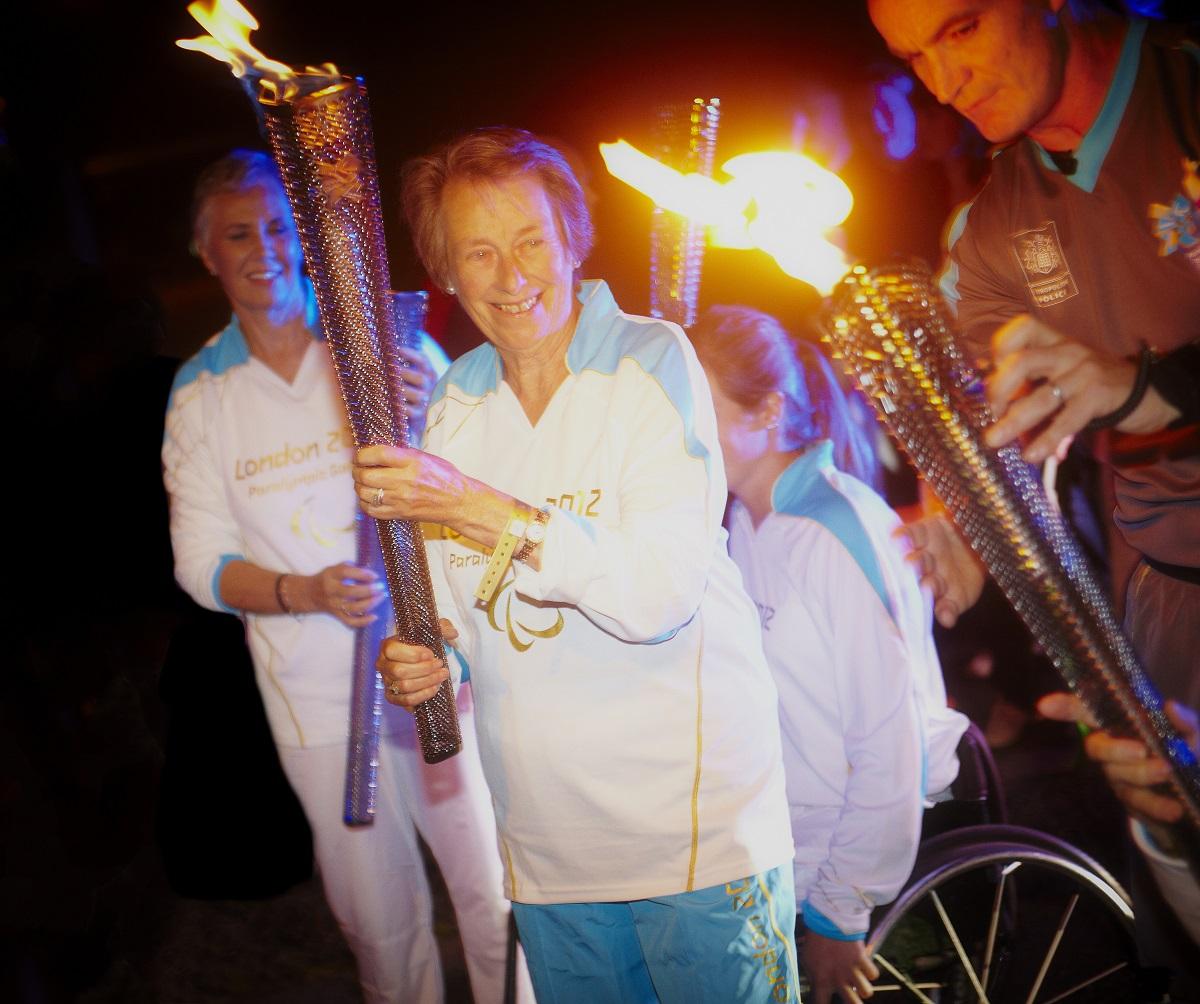 Eva Loeffler, daughter of Sir Ludwig Guttman, taking part in the London 2012 Paralympic Torch Relay.