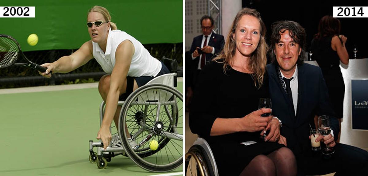 Montage with two photos, one showing a woman playing wheelchair tennis, one a woman in a wheelchair in a dress, posing with a man