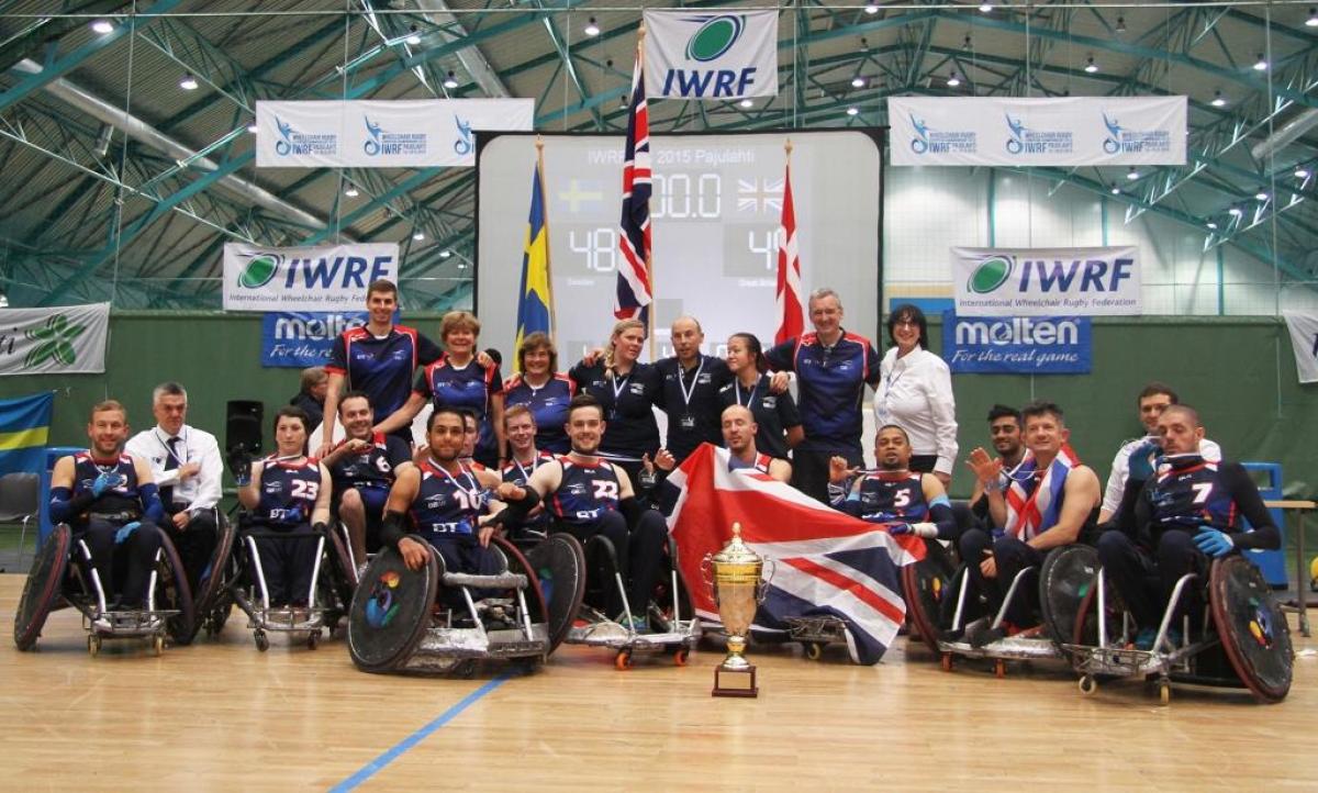 The Great Britain team celebrate after winning the wheelchair rugby final match between Great Britain and Sweden at the 2015 European Championship in Pajulahti, Finland.