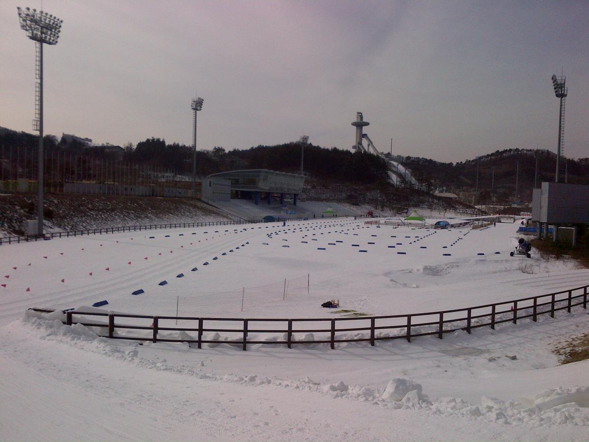 View on a biathlon stadium, covered with snow
