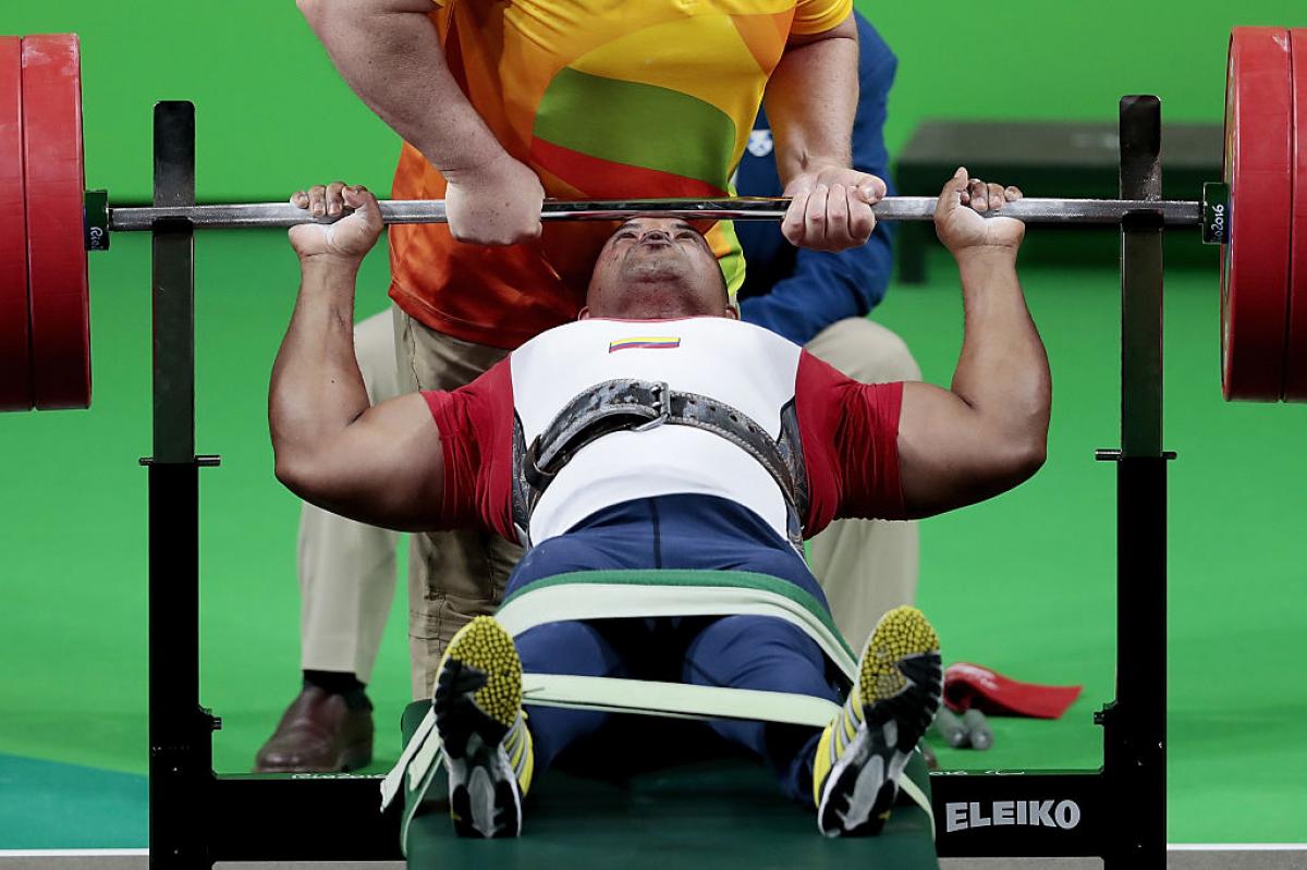 Fabio Torres Silva of Colombia competes in the Powerlifting - Men's -97kg Group A Final at the Rio 2016 Paralympic Games.