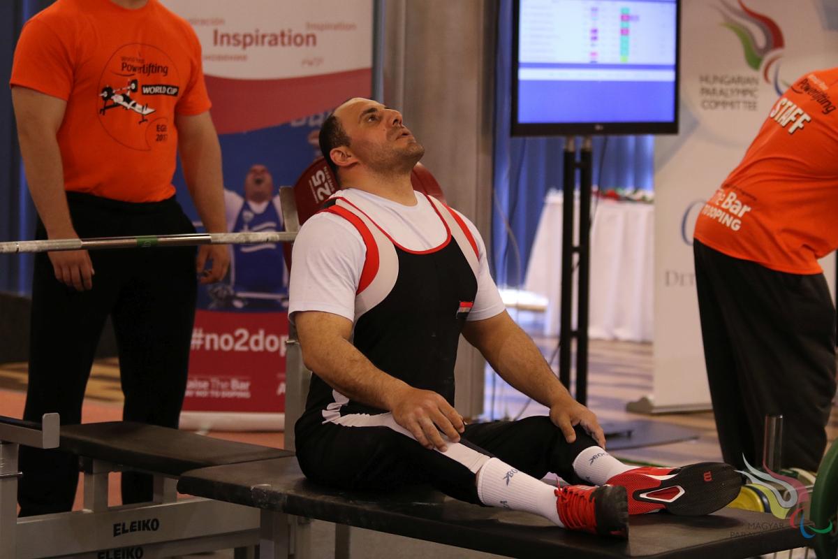 Egypt's Mohamed Elelfat in action at the 2017 World Para Powerlifting World Cup in Eger, Hungary.