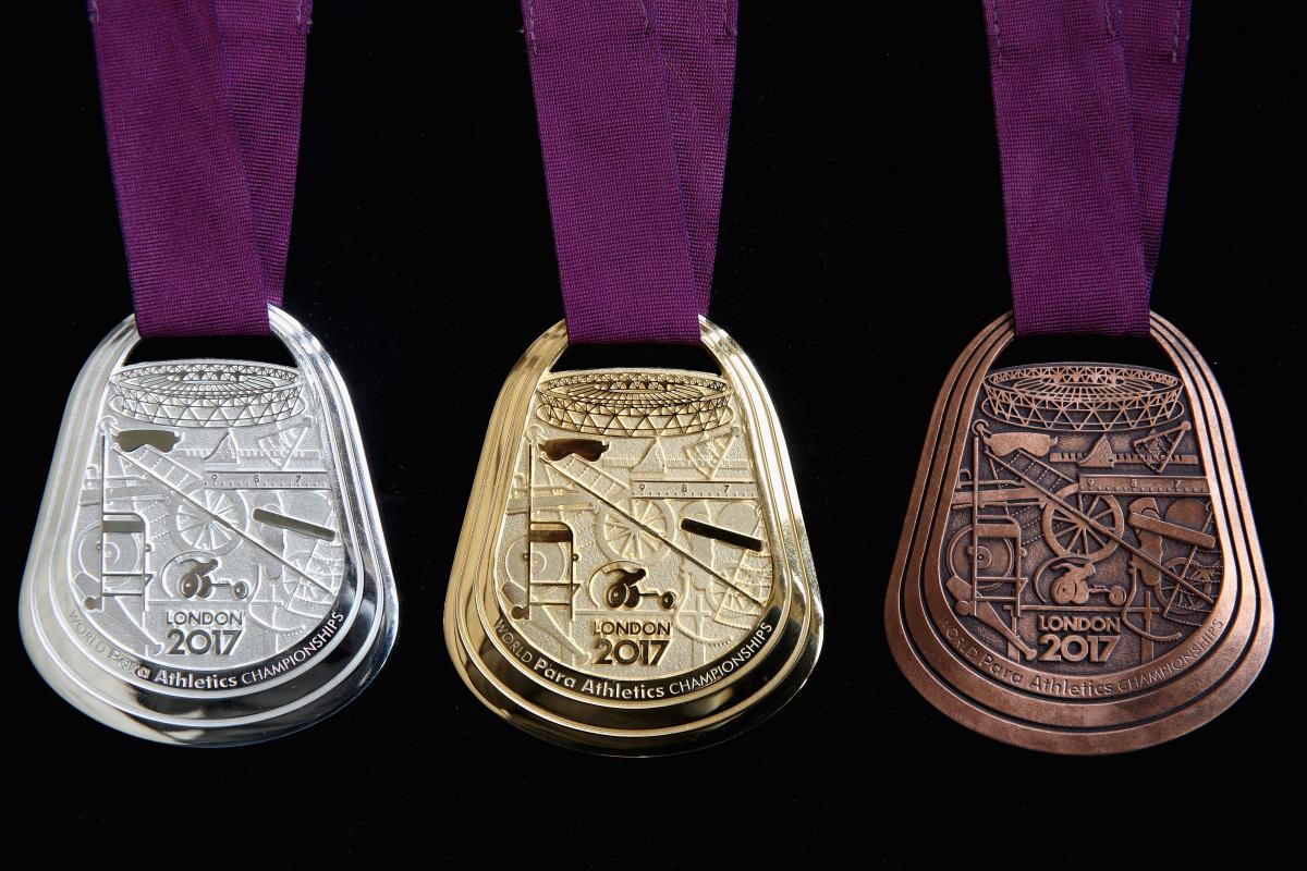 The London 2017 medals are layered with symbols of every event on the competition schedule, an intricate design that bears resemblance to the inner workings of a watch.