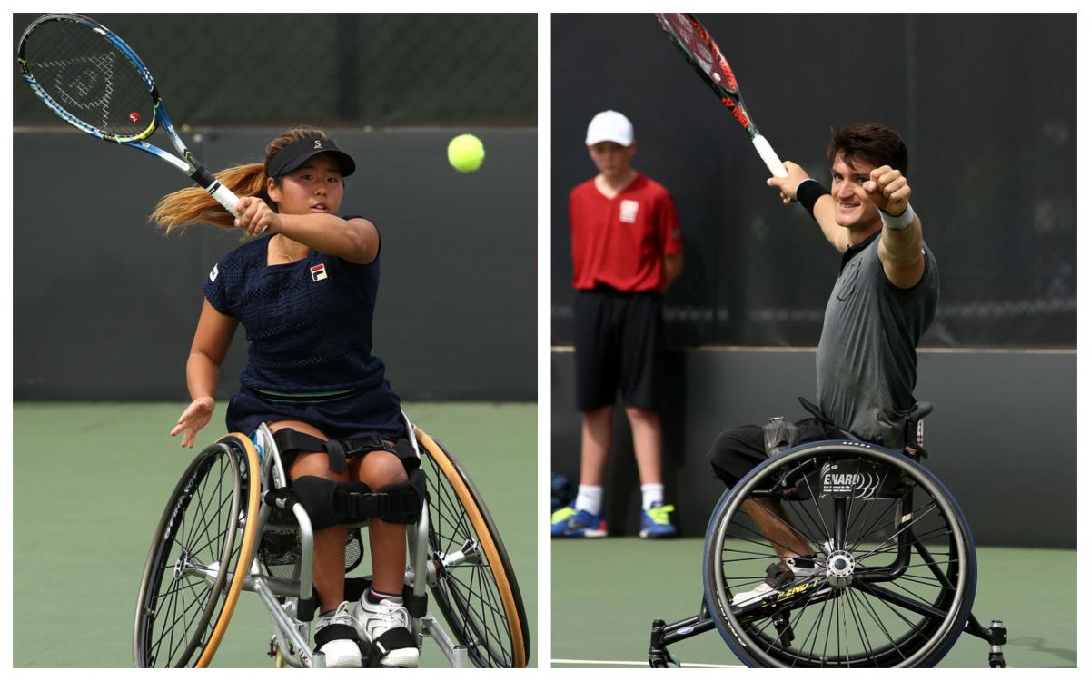 two wheelchair tennis players on the court