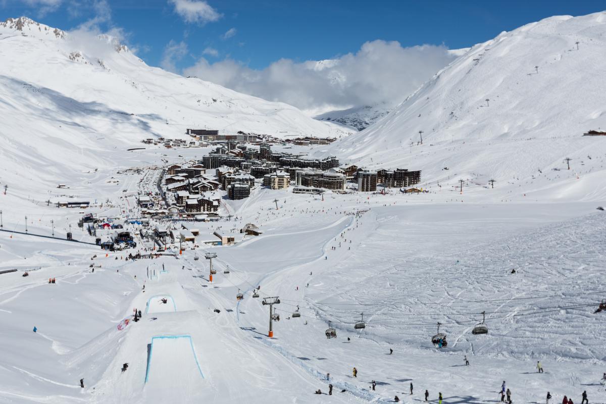 a general view of a ski resort and village