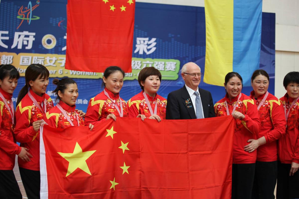 Chinese women's sitting volleyball team celebrates after winning gold at World Super 6