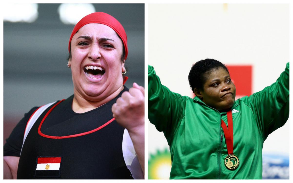 Female powerlifters Randa Mahmoud and Loveline Obiji saluting the crowd