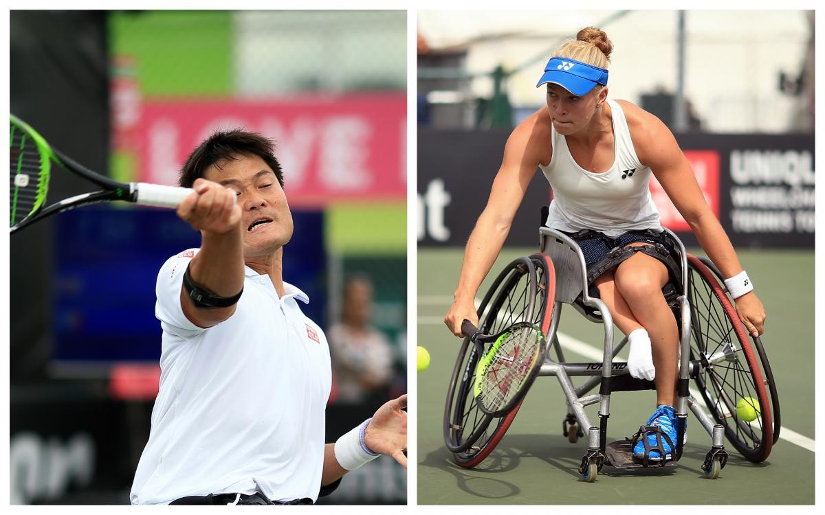 wheelchair tennis players Shingo Kunieda and Diede de Groot playing a forehand and a backhand