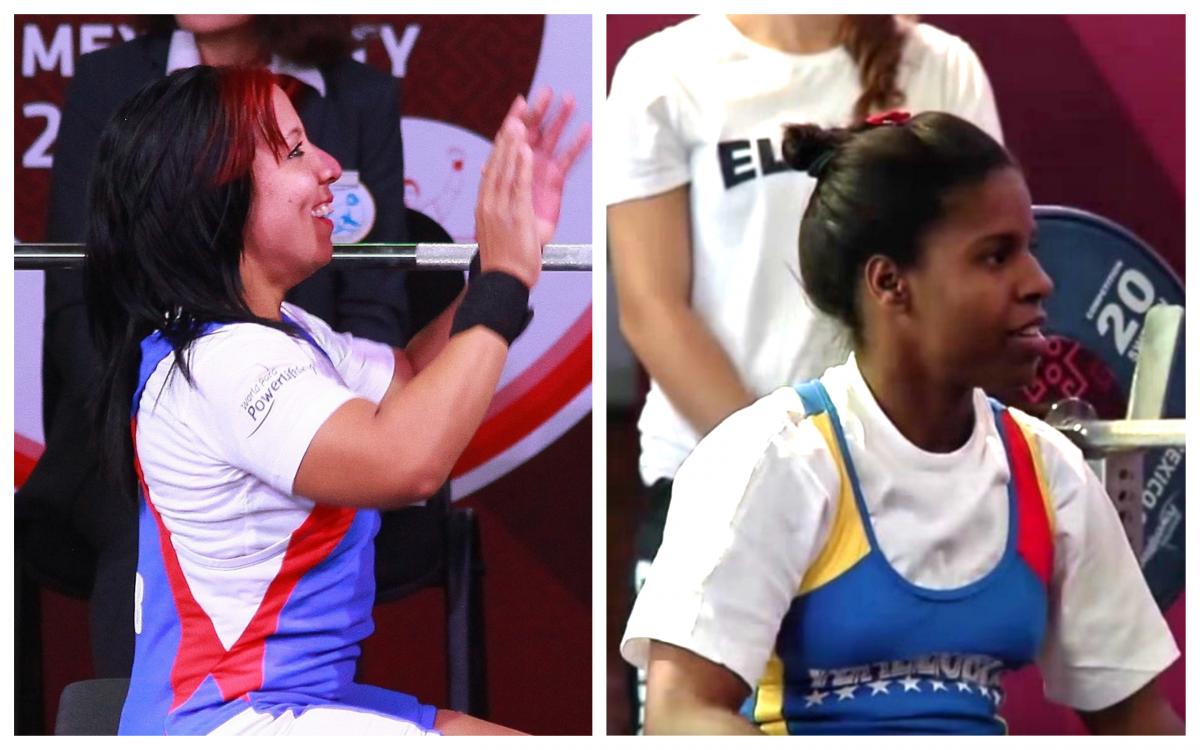 female Para powerlifters Leidy Rodriguez and Clara Fuentes sitting on the bench