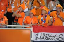 A picture of person dress up in orange to support the Netherlands team