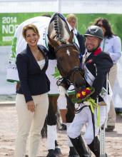 FEI President HRH Princess Haya celebrates freestyle medal day at the Alltech FEI World Equestrian Games 2014 in Normandywith triple gold medallists Zion and Lee Pearson, the world’s most successful para-equestrian dressage athlete. 