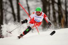 Matt Hallat of Canada competes in the Men's Slalom 1st Run - Standing at the Sochi 2014 Paralympic Winter Games.
