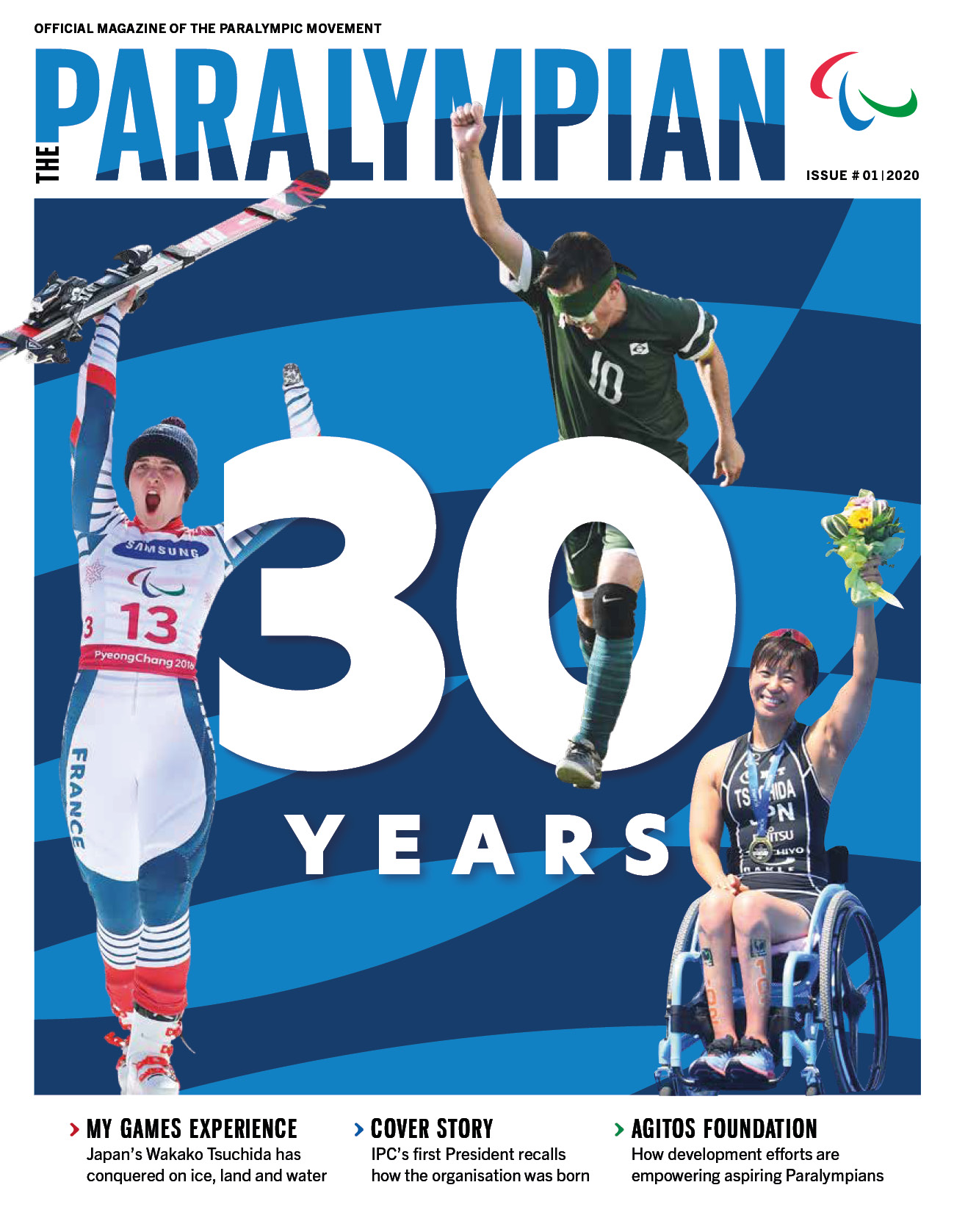 Cover page of The Paralympian magazine with three athletes and big number 30
