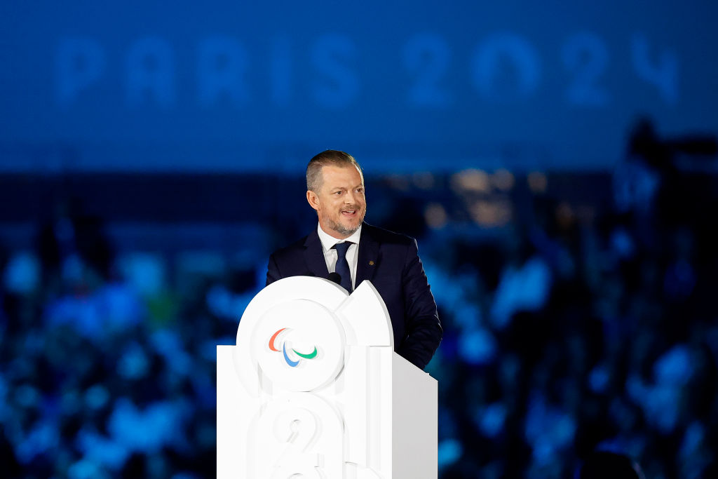 Andrew Parsons, President of the IPC, speaks at the Paris 2024 Opening Ceremony