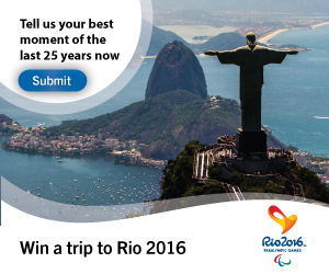 a banner with a picture of Rio de Janeiro, promoting an IPC competition. Select your best moment of the past 25 years and win a trip to Rio.