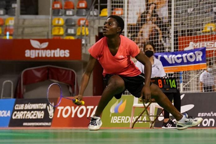 Nigerian Para badminton player Mariam Eniolo Bolaji looks upwards during the game