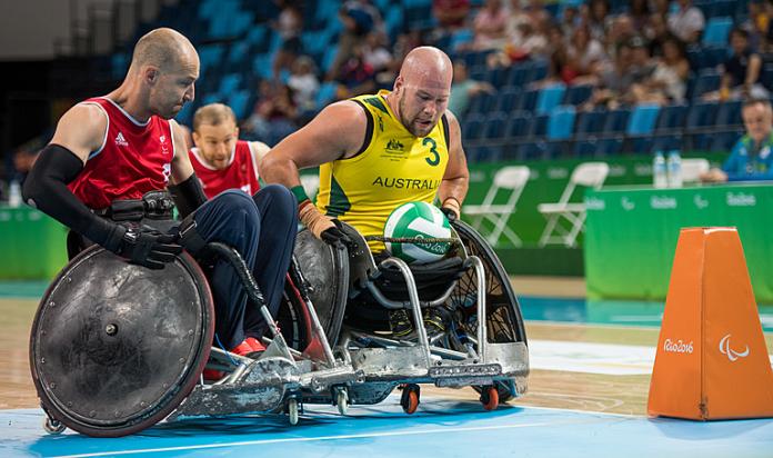 Australian wheelchair rugby player Ryley Batt trying to get into the scoring zone in a match against Great Britain