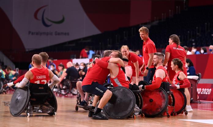 Danish wheelchair rugby team celebrating after beating powerhouses Australia