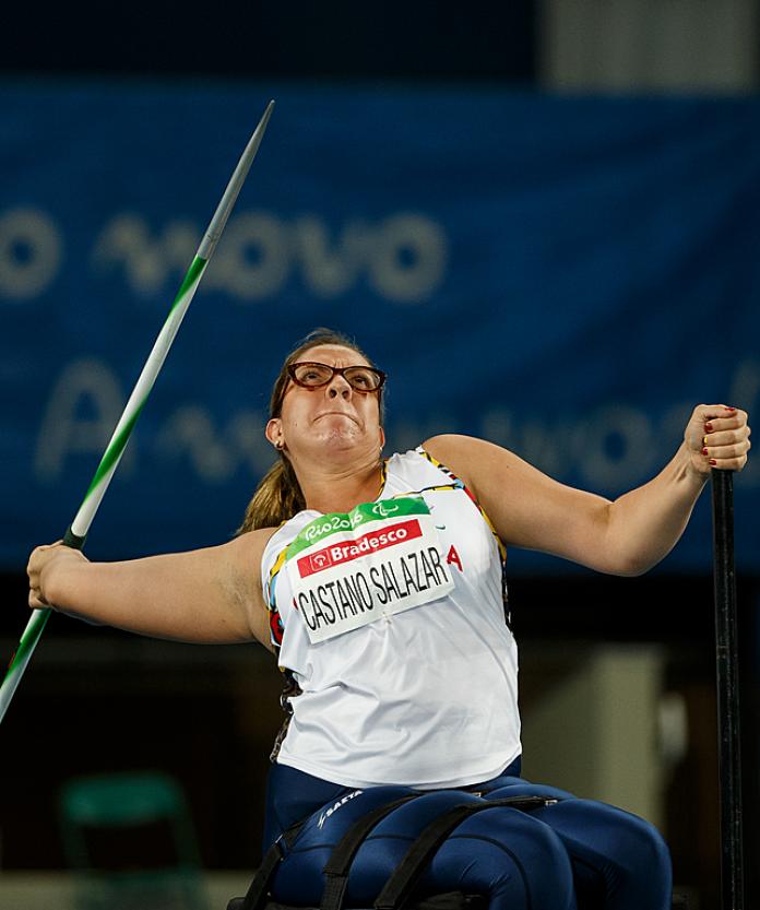 Colombian javelin thrower Erica CastaÃ±o in action