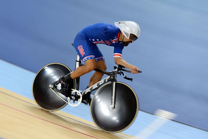  Joseph Berenyi of the United States competes in the Men's Individual Cycling C3 Pursuit qualification at the London 2012 Paralympic Games at Velodrome.