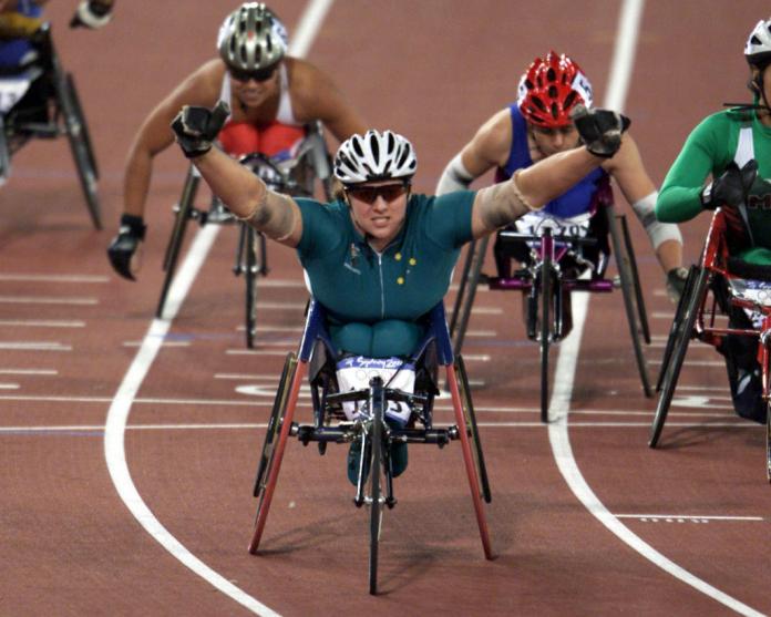 Louise Sauvage after winning gold in the women's wheelchair 800m final at the Sydney 2000 Olympic Games