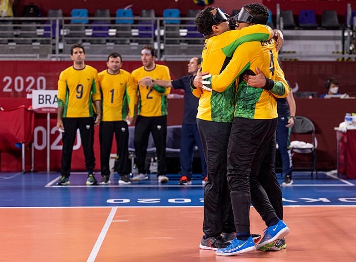 Brazilian male goalball team celebrates after winning their maiden Paralympic title