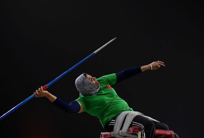 LEADING FROM FRONT: Safia Djelal of Algeria competes in javelin wheelchair women final during the 9th Fazza International IPC Athletics Grand Prix Competition - World Para Athletics Grand Prix. 