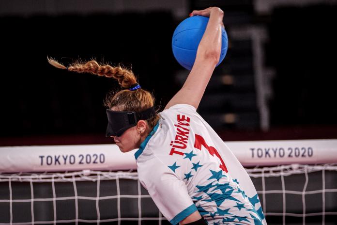 Turkish goalball player Sevda Altunoluk about to throw a ball