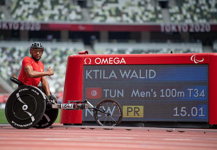 AT HIS BEST: Walid Ktila of Tunisia celebrates his gold medal and World record time of 15.01 in the men’s athletics T34 final at Tokyo 2020 Paralympic Games. 