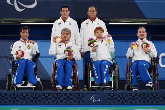 (L-R) Witsanu Huadpradit, Worawut Saengampa, Subin Tipmanee, and Watcharaphon Vongsa of Team Thailand after winning gold during the Boccia Team BC1/BC2 at the Tokyo 2020 Games.