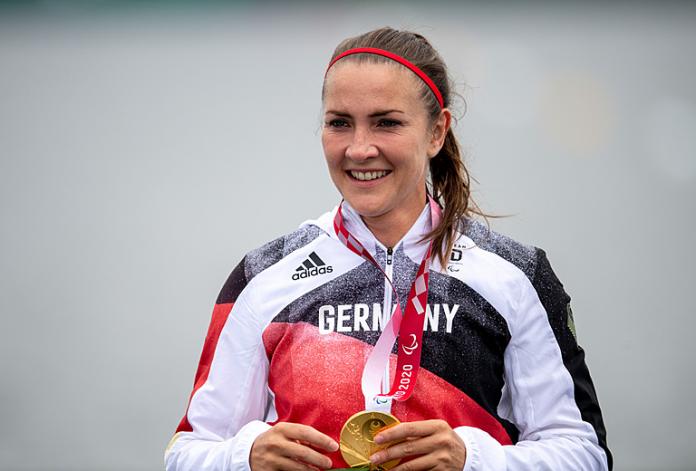 Germany's Edina Mueller poses with her women's kayak 200m KL1 Canoe sprint final A gold medal at the Tokyo 2020 Paralympic Games.