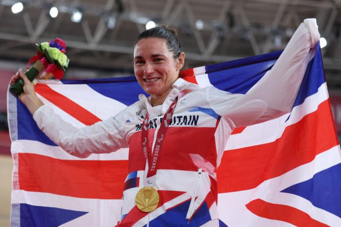 Sarah Storey of Great Britain with her gold medal in the Women's C5 3000m Individual Track Pursuit at the Tokyo 2020 Paralympic Games.