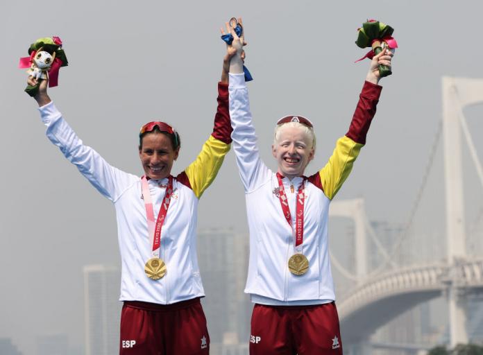 Gold medalists Susana Rodriguez and guide Sara Loehr of Spain at the Tokyo 2020 Paralympic Games.