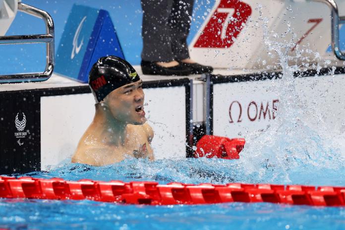 China's Zheng Tao after winning the Men's 50m Backstroke S5 final at the Tokyo 2020 Paralympic Games.