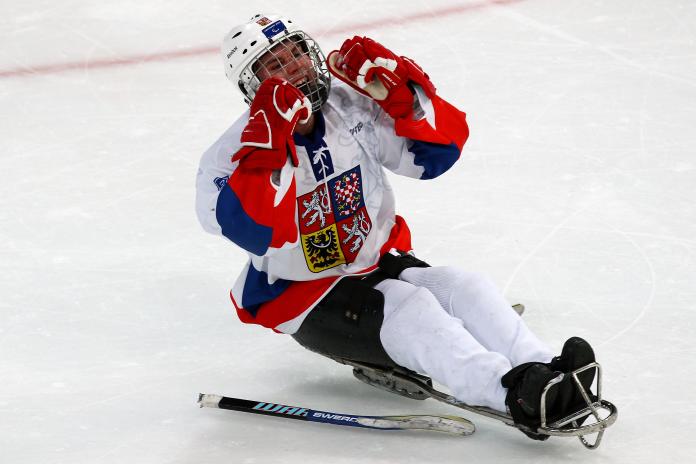 Czech Republic's Para Ice Hockey player Michal Geier celebrates