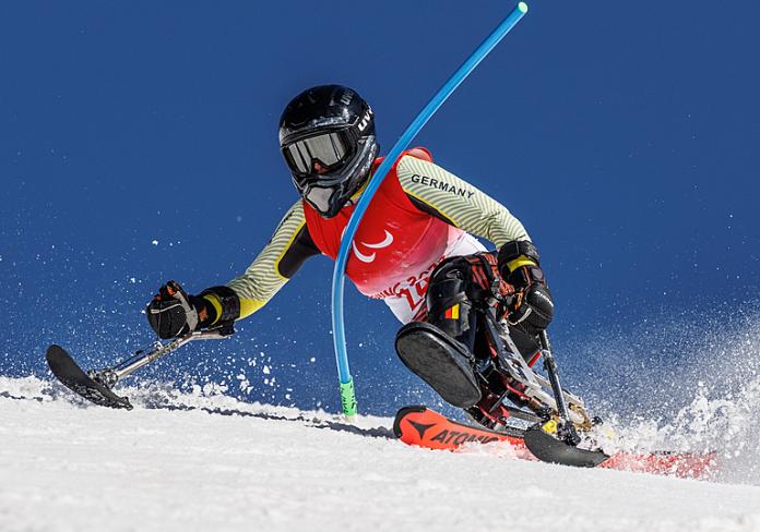 Anna Lena Forster hits a gate during the slalom of the super combined at Beijing 2022