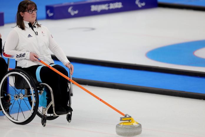 British wheelchair curler Meggan Dawson-Farrell in action at Beijing 2022