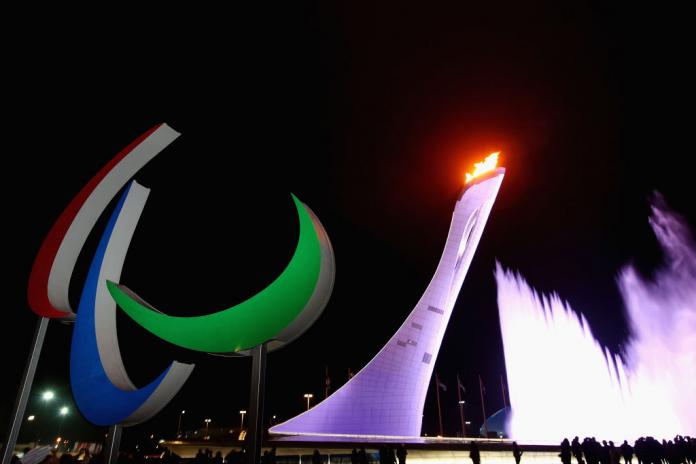 Paralympic agitos after the lighting of the flame at Fisht Olympic Stadium during the Opening Ceremony of the Sochi 2014 Paralympic Winter Games. 