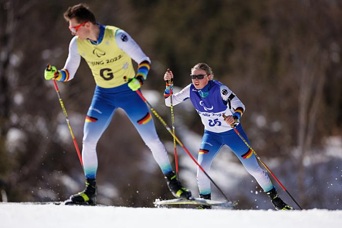 Leonie Maria Walter and guide Pirmin Strecker in action in the Women’s Middle Distance Vision Impaired Para Biathlon 