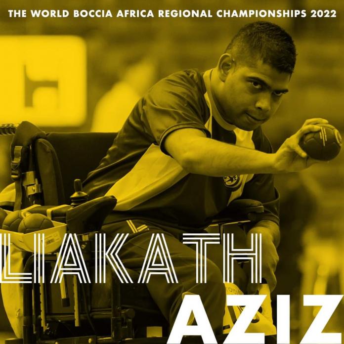 A promotional poster for the 2022 Africa Boccia World Regional Championships, which shows Liakath Aziz in action.