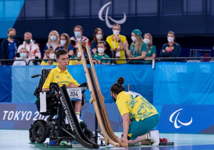 Australian boccia player Daniel Michel and ramp assistant Ashlee McClure compete at Tokyo 2020 Paralympic Games.