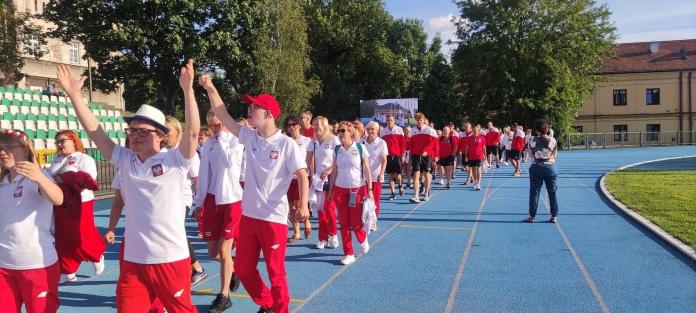 The Polish team members march in the athletes' parade at the opening ceremony of the 2022 Virtus European Summer Games.