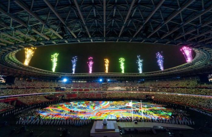 Photo shows fireworks at the Olympic Stadium in Tokyo during the Opening Ceremony of the Tokyo 2020 Paralympic Games.