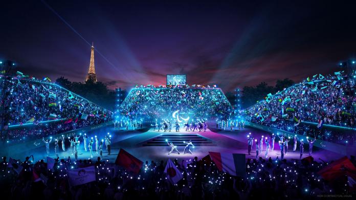 A mock-up image of artists performing during the Opening Ceremony in the Place de la Concorde.