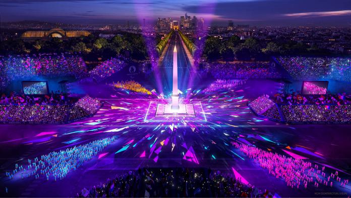 A mock-up image of the Place de la Concorde as it lights up in purple colours for the Opening Ceremony of Paris 2024.