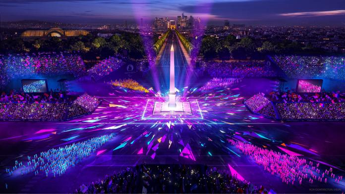 A mock-up image of the Place de la Concorde as it lights up in purple colours for the Opening Ceremony of Paris 2024.