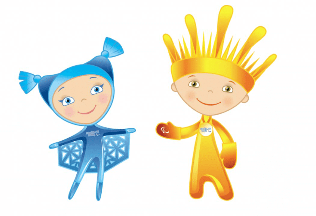 Two mascots from the Sochi 2014 Paralympic Games, a blue girl and a yellow boy with spiky hair