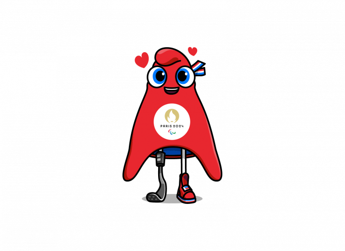 A Paris 2024 mascot smiles with small hearts floating near its eyes.