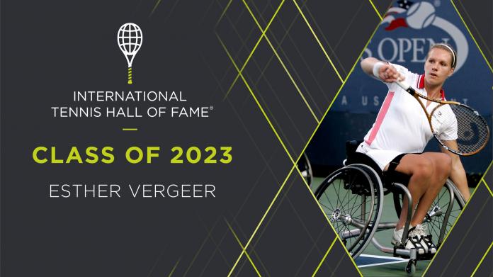 A graphic featuring a photo of a female wheelchair tennis player returning a serve next to the words "Class of 2023"