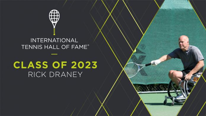 A graphic featuring a photo of a male wheelchair tennis player with his hand taped to the racquet next to the words "Class of 2023".